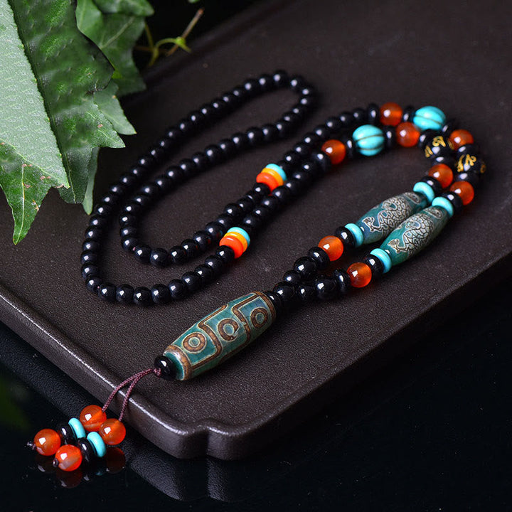 BWOOOH Tibetan Nine-Eye Dzi Bead Dragon Pattern Om Mani Padme Hum Protection Necklace — dzi bead pendant for wealth, health, power and blessings