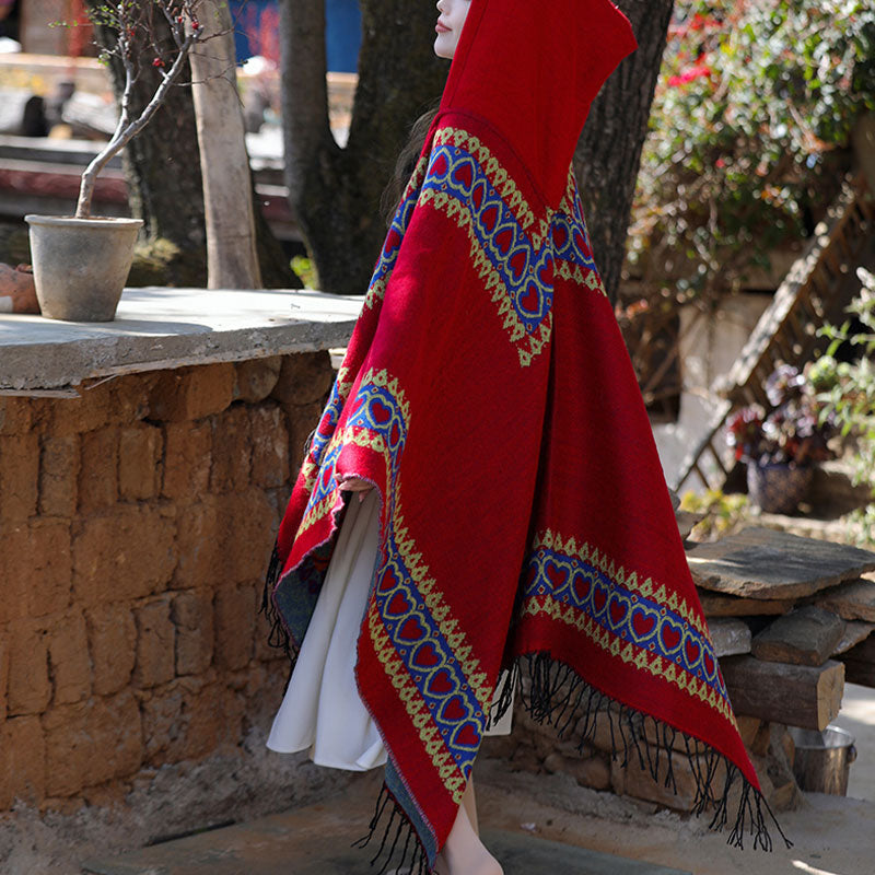 BWOOOH Tibetan Shawl Red Love Heart Tassel Hooded Cloak W
