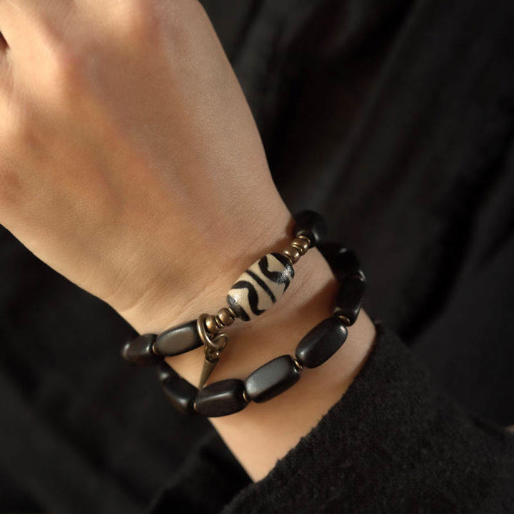 BWOOOH Tibet Ebony Wood Dzi Bead Copper Balance Double Wrap Bracelet