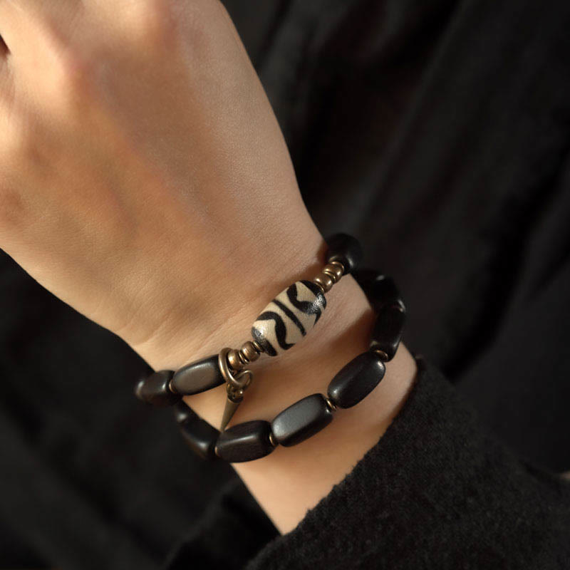 BWOOOH Tibet Ebony Wood Dzi Bead Copper Balance Double Wrap Bracelet