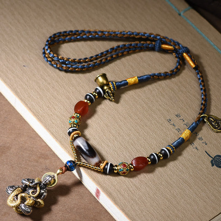 Buddha Stones Handmade Buddha Snake Skull Head Dzi Bead Serenity Rope Necklace Pendant (Extra 35% Off | USE CODE: FS35)