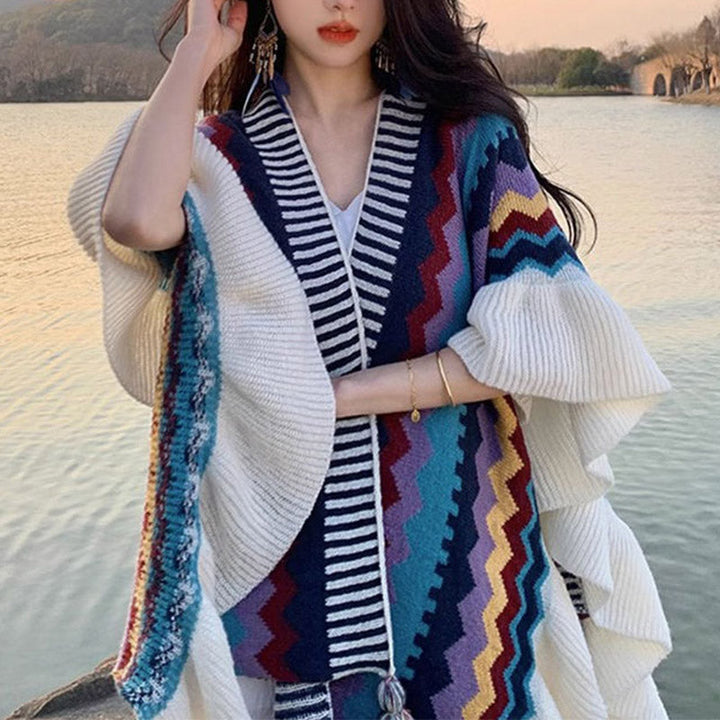 BWOOOH Tibetan Shawl Colorful Striped Wavy Line Tassels W