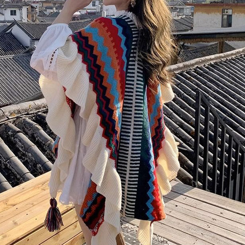 BWOOOH Tibetan Shawl Colorful Striped Wavy Line Tassels W