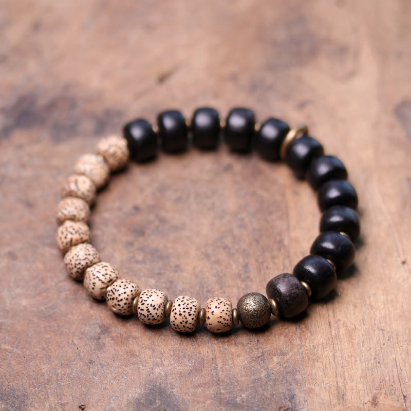 BWOOOH Tibetan Bodhi Seed Black Obsidian Ebony Wood Copper Peace Bracelet