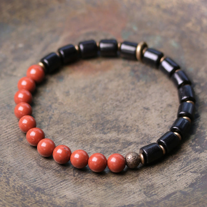BWOOOH Ebony Wood Red Jasper Moss Agate Crystal Copper Peace Couple Bracelet