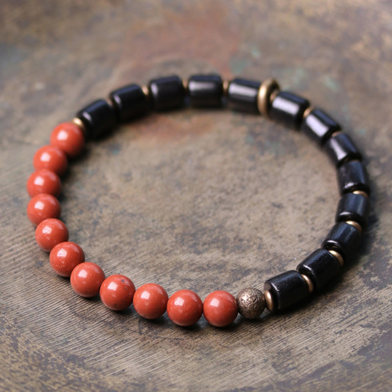 BWOOOH Ebony Wood Red Jasper Moss Agate Crystal Copper Peace Couple Bracelet