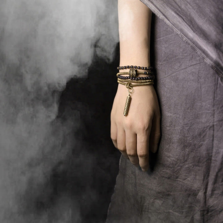 BWOOOH Vintage Lava Rock Brass Copper Healing Multilayered Bracelet