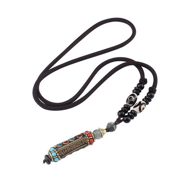 BWOOOH Tibetan Om Mani Padme Hum Dzi Bead Wenge Wood Necklace Pendant