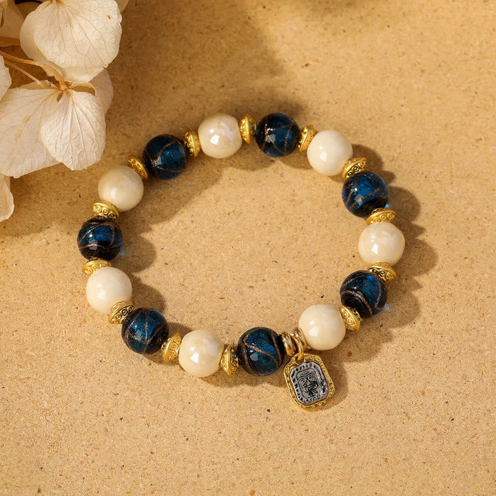 BWOOOH Tibetan Zakiram Goddess of Wealth Charm Liuli Glass Incense Ash Porcelain Bead Protection Bracelet