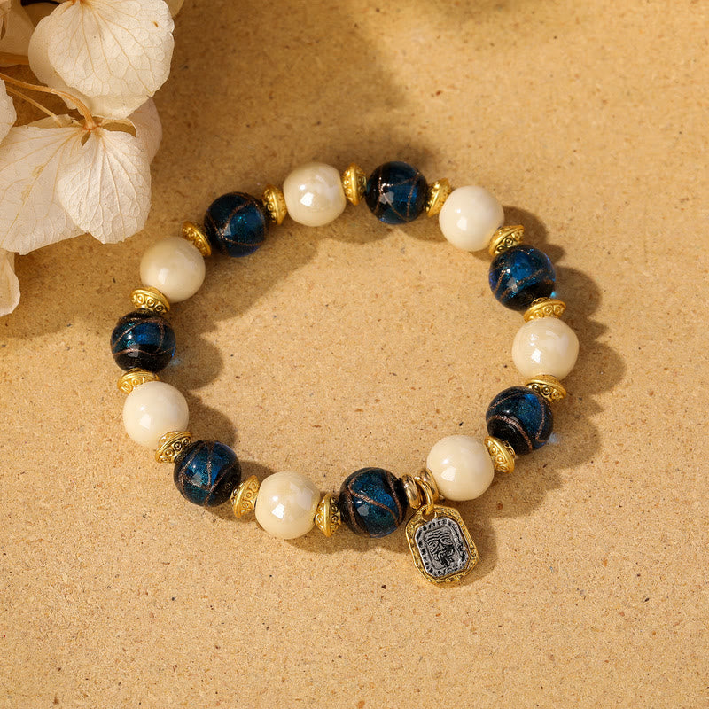 BWOOOH Tibetan Zakiram Goddess of Wealth Charm Liuli Glass Incense Ash Porcelain Bead Protection Bracelet