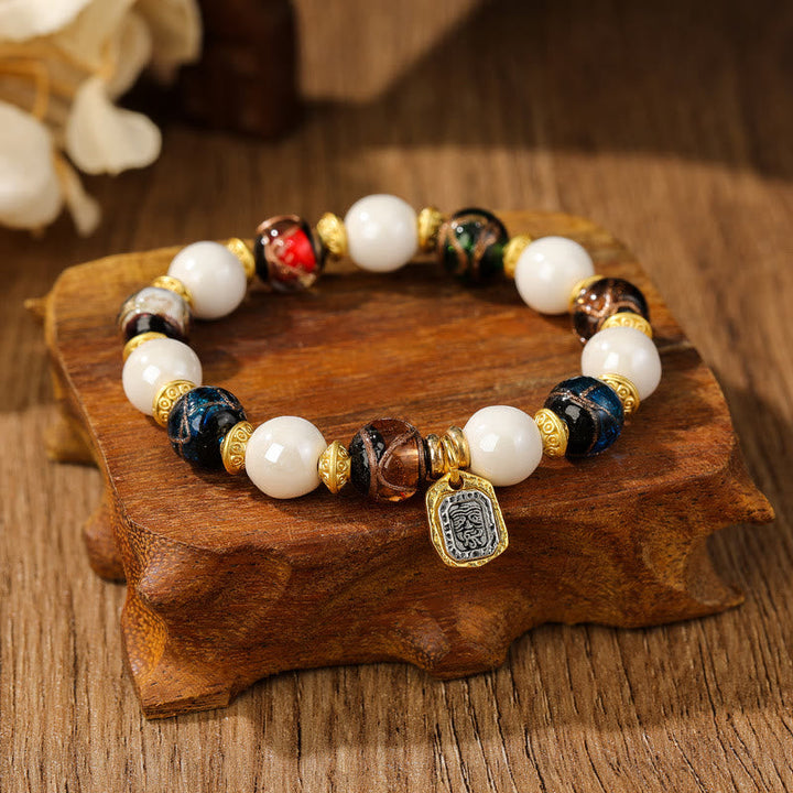 BWOOOH Tibetan Zakiram Goddess of Wealth Charm Liuli Glass Incense Ash Porcelain Bead Protection Bracelet
