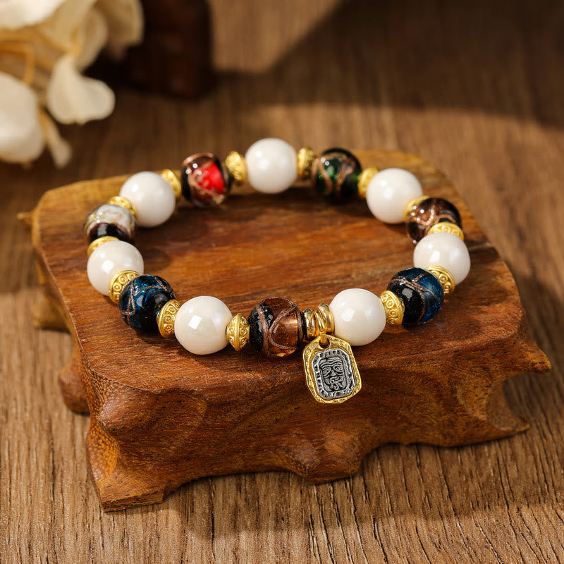 BWOOOH Tibetan Zakiram Goddess of Wealth Charm Liuli Glass Incense Ash Porcelain Bead Protection Bracelet