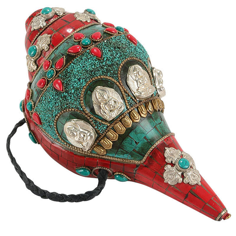 BWOOOH Tibetan Handmade Shankha Om Mani Padme Hum Buddha Avalokitesvara Turquoise Conch | Turquoise