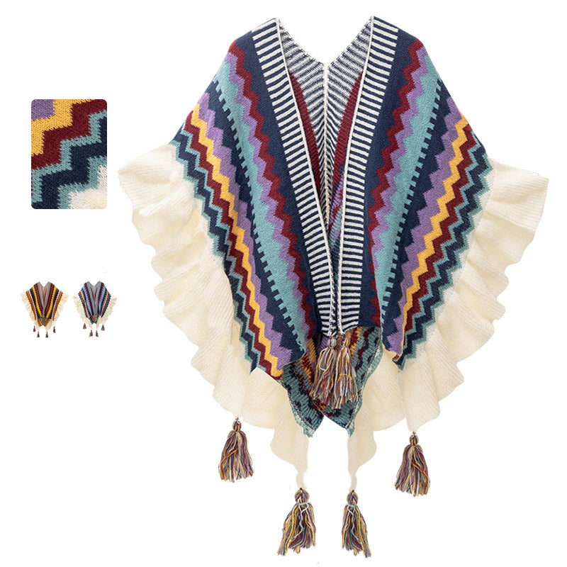 BWOOOH Tibetan Shawl Colorful Striped Wavy Line Tassels W