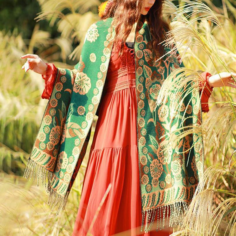 BWOOOH Tibetan Flower Floral Leaves Pattern Design Shawl 