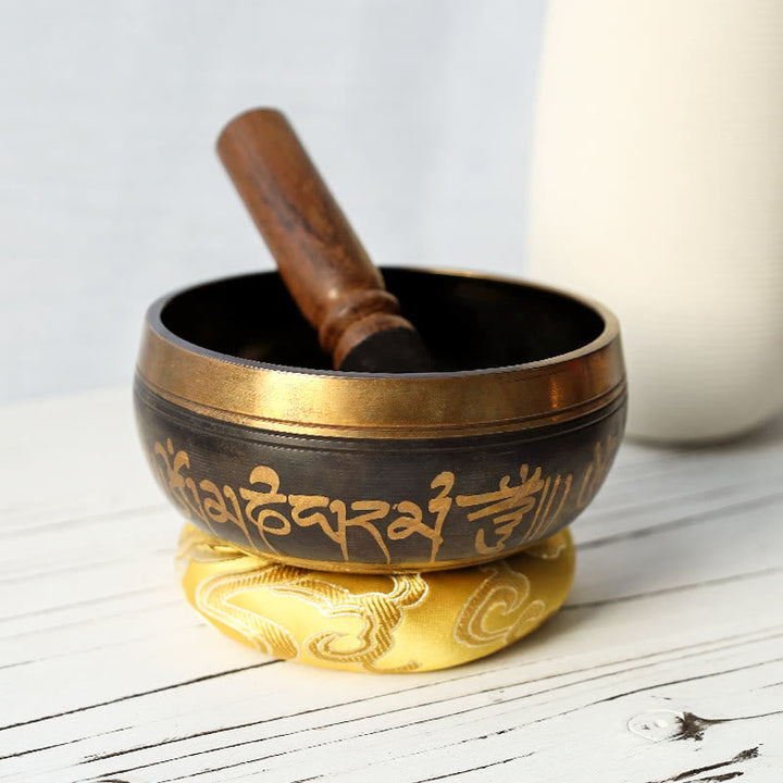BWOOOH Tibetan meditation bundle: 3.34in Om Mani Padme Hum singing bowl, auspicious cloud cushion, unique 18-bead wrist mala, and serene sandstone Buddha statue. - View 3