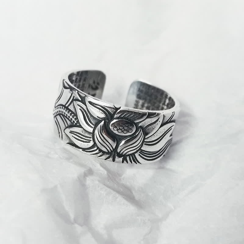 BWOOOH 999 Sterling Silver Lotus Symbol Heart Sutra Protection Ring — Sterling Silver crystal healing bracelet for spiritu...