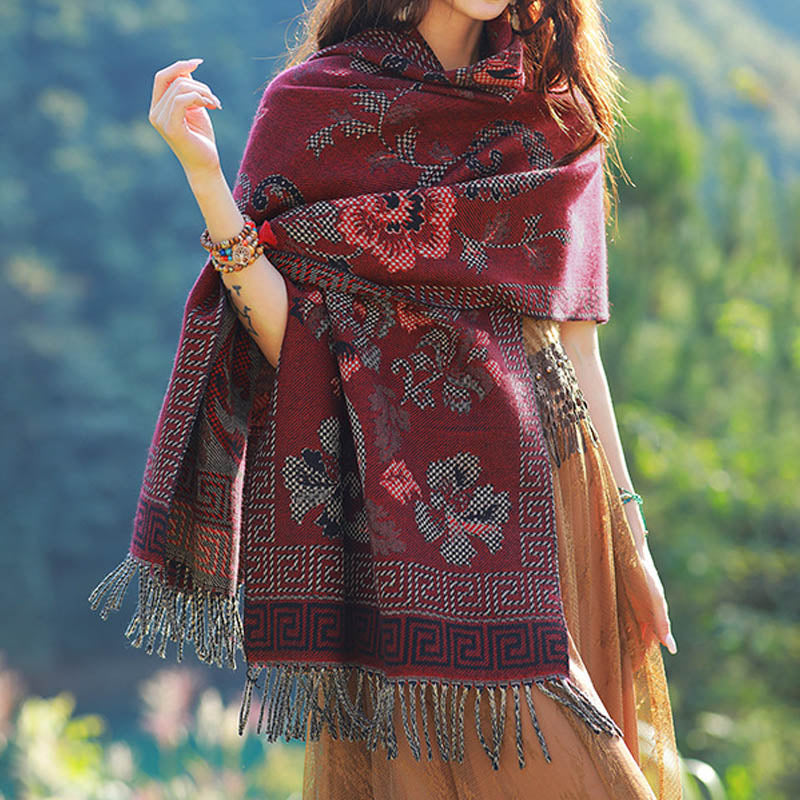 BWOOOH Tibetan Flowers Leaves Pattern Design Shawl Cozy T