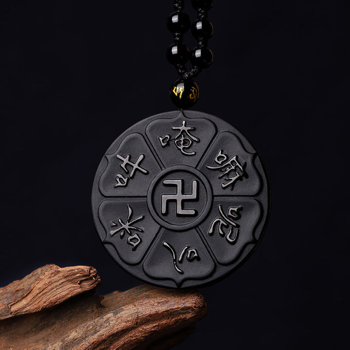 BWOOOH Natural Black Obsidian Tibetan Om Mani Padme Hum Buddha Swastika Luck Necklace Pendant