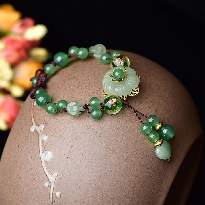 BWOOOH Natural Green Jade Luck Dangling Flower Bracelet