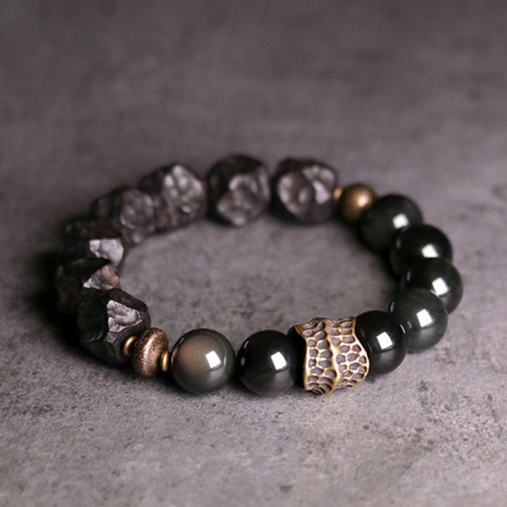 BWOOOH Black Obsidian Ebony Wood Copper Strength Couple Bracelet