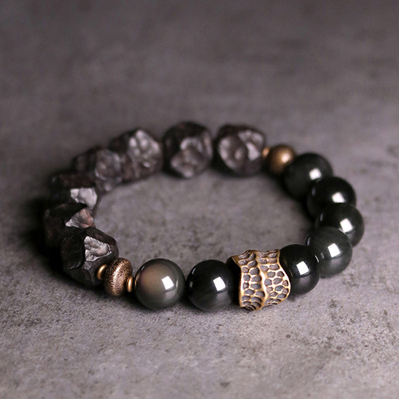 BWOOOH Black Obsidian Ebony Wood Copper Strength Couple Bracelet