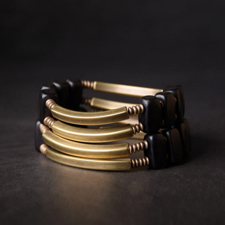 BWOOOH Tibetan Ebony Wood Brass Copper Balance Double Layer Bracelet