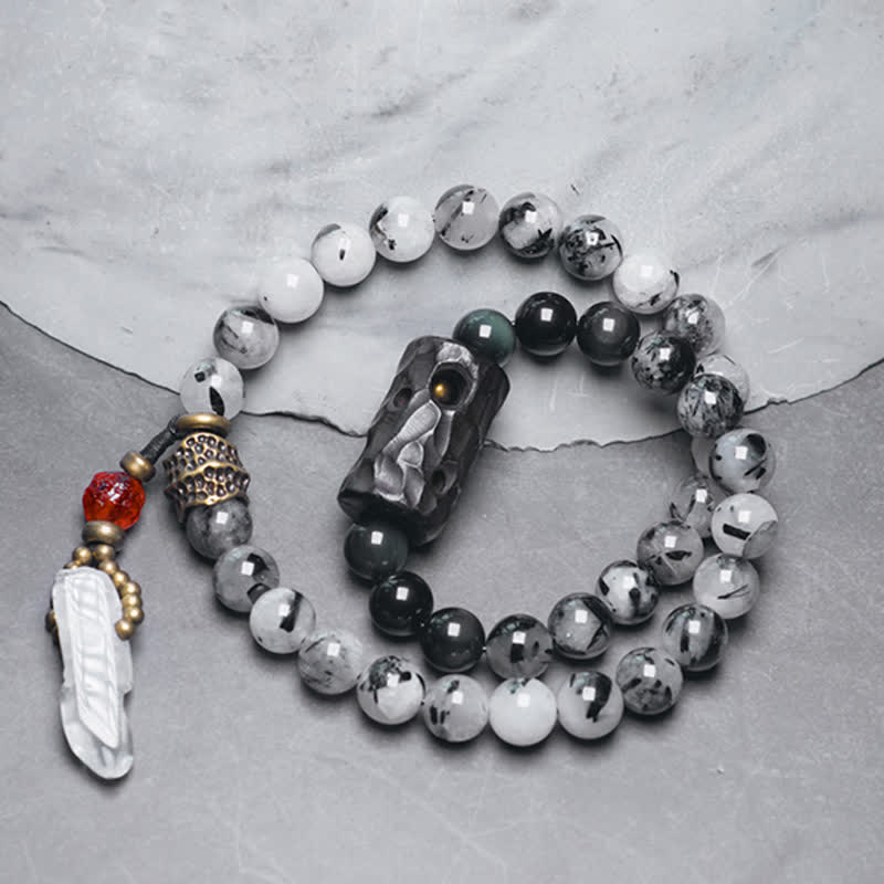 BWOOOH Black Rutilated Quartz Ebony Wood White Crystal Success Couple Bracelet