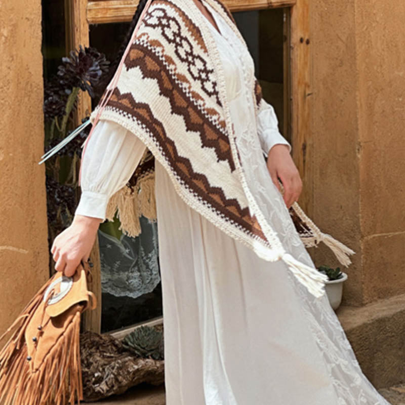 BWOOOH Tibetan Striped Brown Beige Tassel Shawl Winter Co