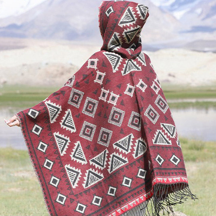 BWOOOH Tibetan Shawl Triangle Pattern Hooded Cloak Winter
