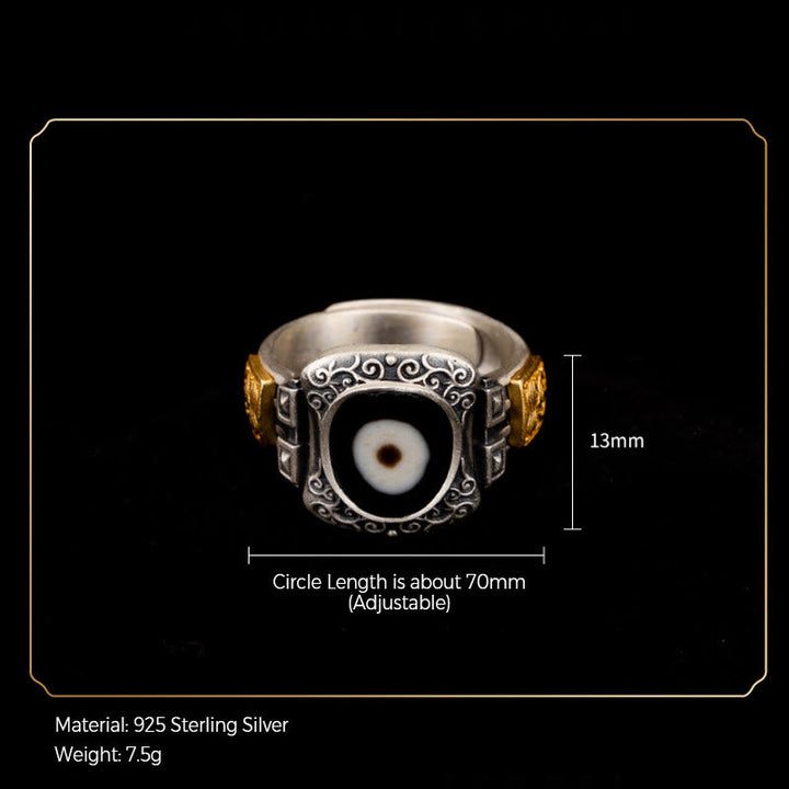 BWOOOH 925 Sterling Silver Zakiram Goddess of Wealth Design Dzi Bead Protection Ring