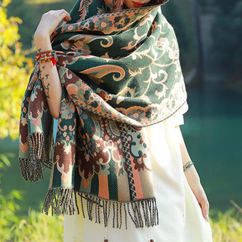 BWOOOH Tibetan Flowers Leaves Branch Design Tassel Shawl 
