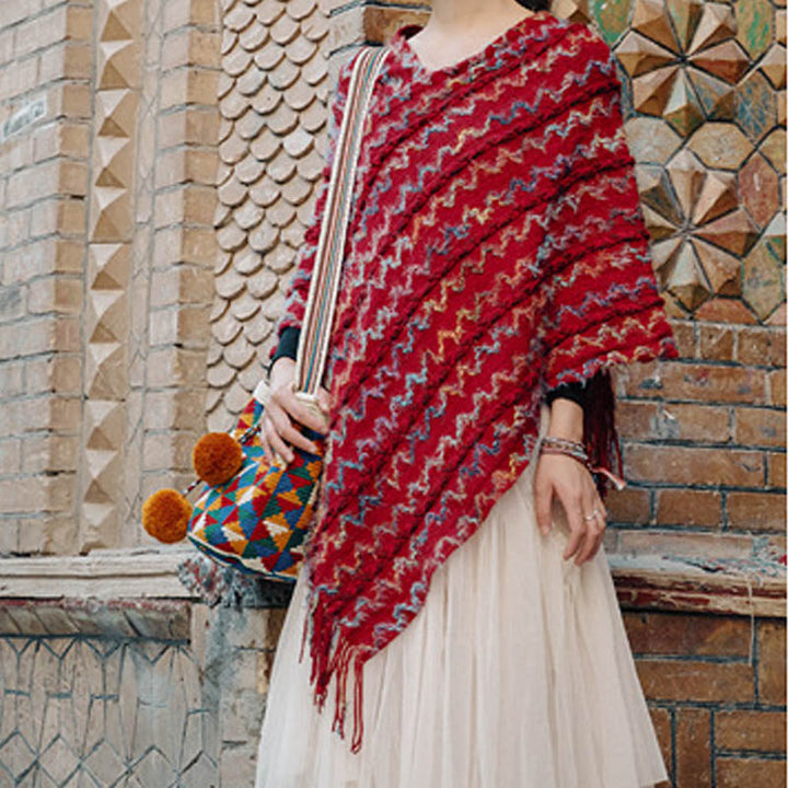 BWOOOH Tibetan Colorful Striped Shawl Tassels Pullover Wi