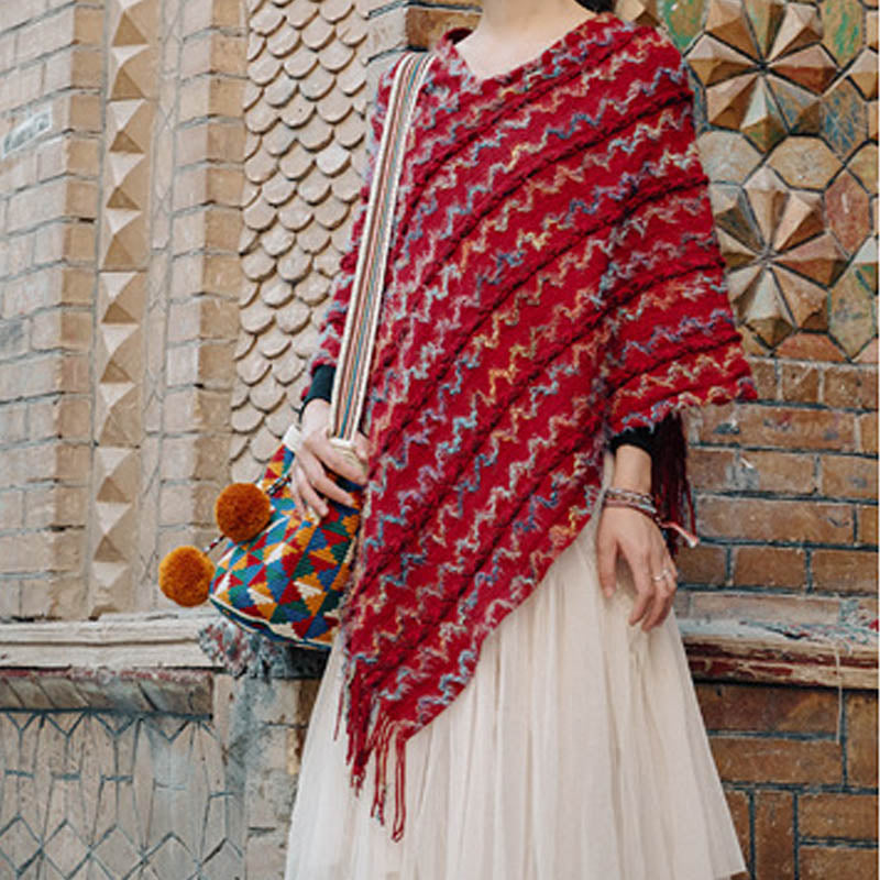 BWOOOH Tibetan Colorful Striped Shawl Tassels Pullover Wi