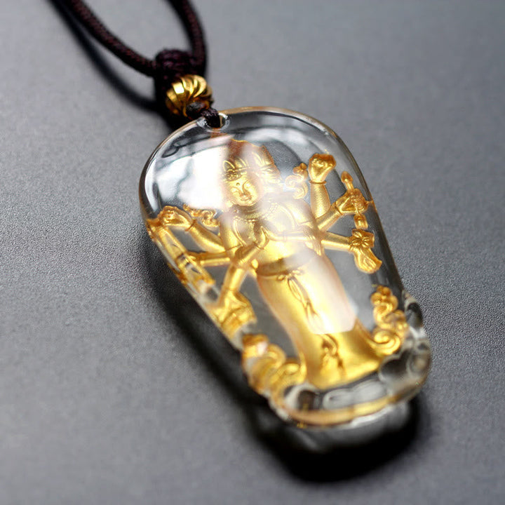 BWOOOH Tibetan Eight-Armed Avalokitesvara Guanyin Buddha Gold Plated Liuli Crystal Wealth Necklace Pendant