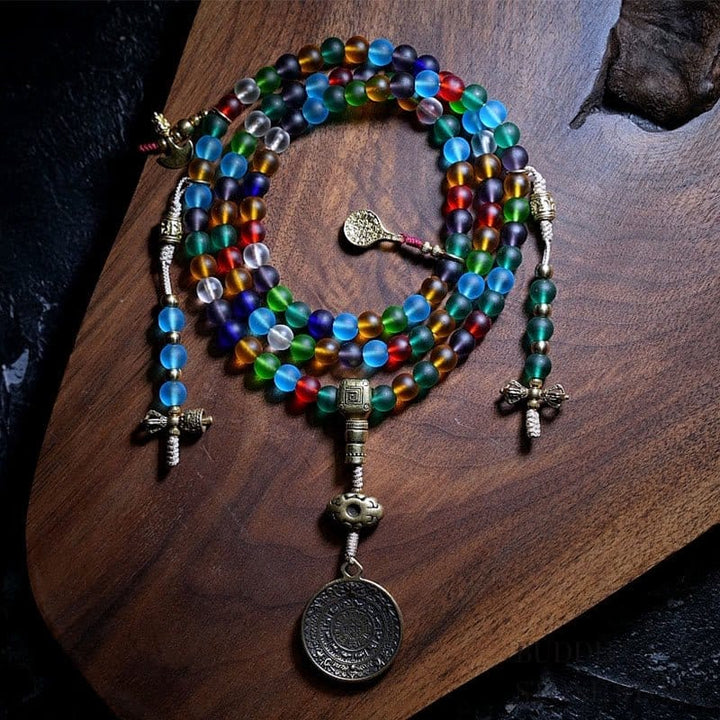 BWOOOH Tibetan 108 Mala Beads Multicolored Liuli Glass Bead Chinese Zodiac Nine Palaces Eight Diagrams Charm Bracelet
