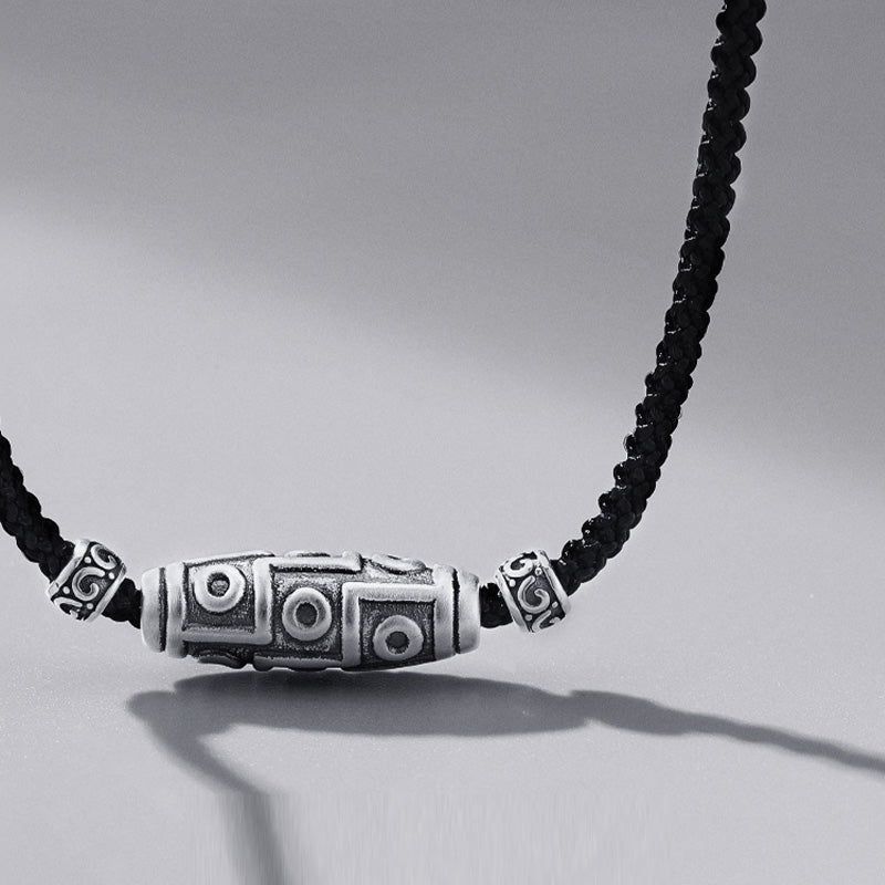 BWOOOH 999 Sterling Silver Nine-Eye Dzi Bead Pattern Protection Rope Necklace Pendant