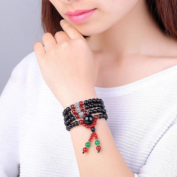 BWOOOH 108 Beads Natural Black Obsidian Tiger Eye Red Agate Mala Bracelet