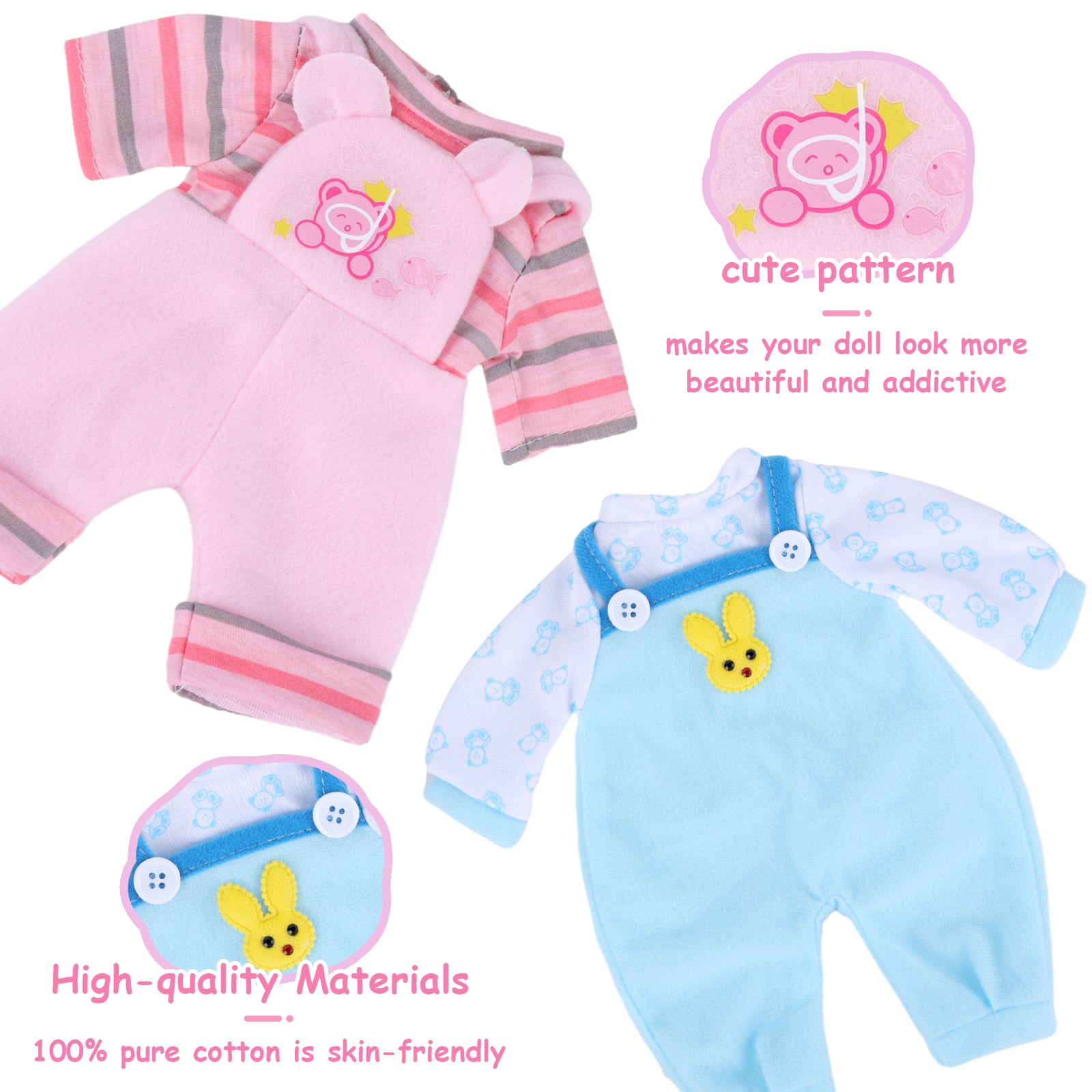 12 Inches Pink+Blue Clothing & Reborn Accessories 8 Pcs Set, Suitable for Twin Baby Dolls