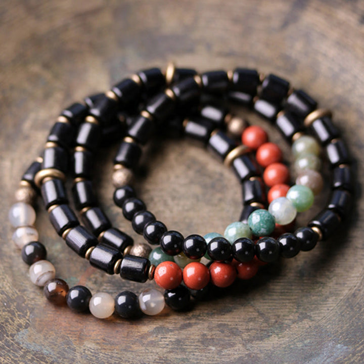 BWOOOH Ebony Wood Red Jasper Moss Agate Crystal Copper Peace Couple Bracelet