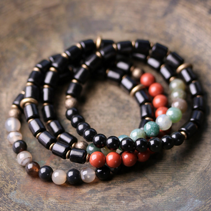 BWOOOH Ebony Wood Red Jasper Moss Agate Crystal Copper Peace Couple Bracelet
