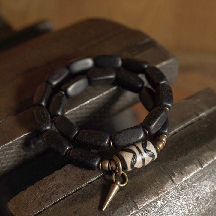 BWOOOH Tibet Ebony Wood Dzi Bead Copper Balance Double Wrap Bracelet