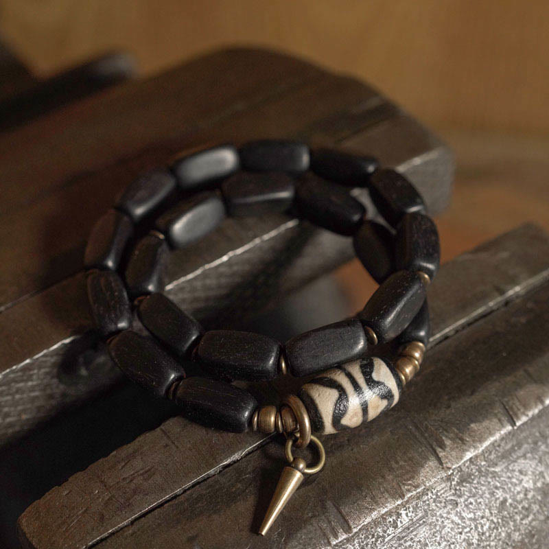 BWOOOH Tibet Ebony Wood Dzi Bead Copper Balance Double Wrap Bracelet