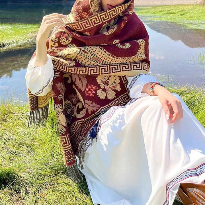 BWOOOH Tibetan Flowers Leaves Pattern Design Shawl Cozy T