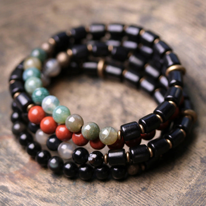 BWOOOH Ebony Wood Red Jasper Moss Agate Crystal Copper Peace Couple Bracelet