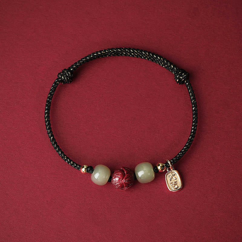 BWOOOH 14K Gold Plated Hetian Jade Cinnabar Lotus Luck Handcrafted Rope Bracelet  -  Gold Plated jade bracelet for spiritual...