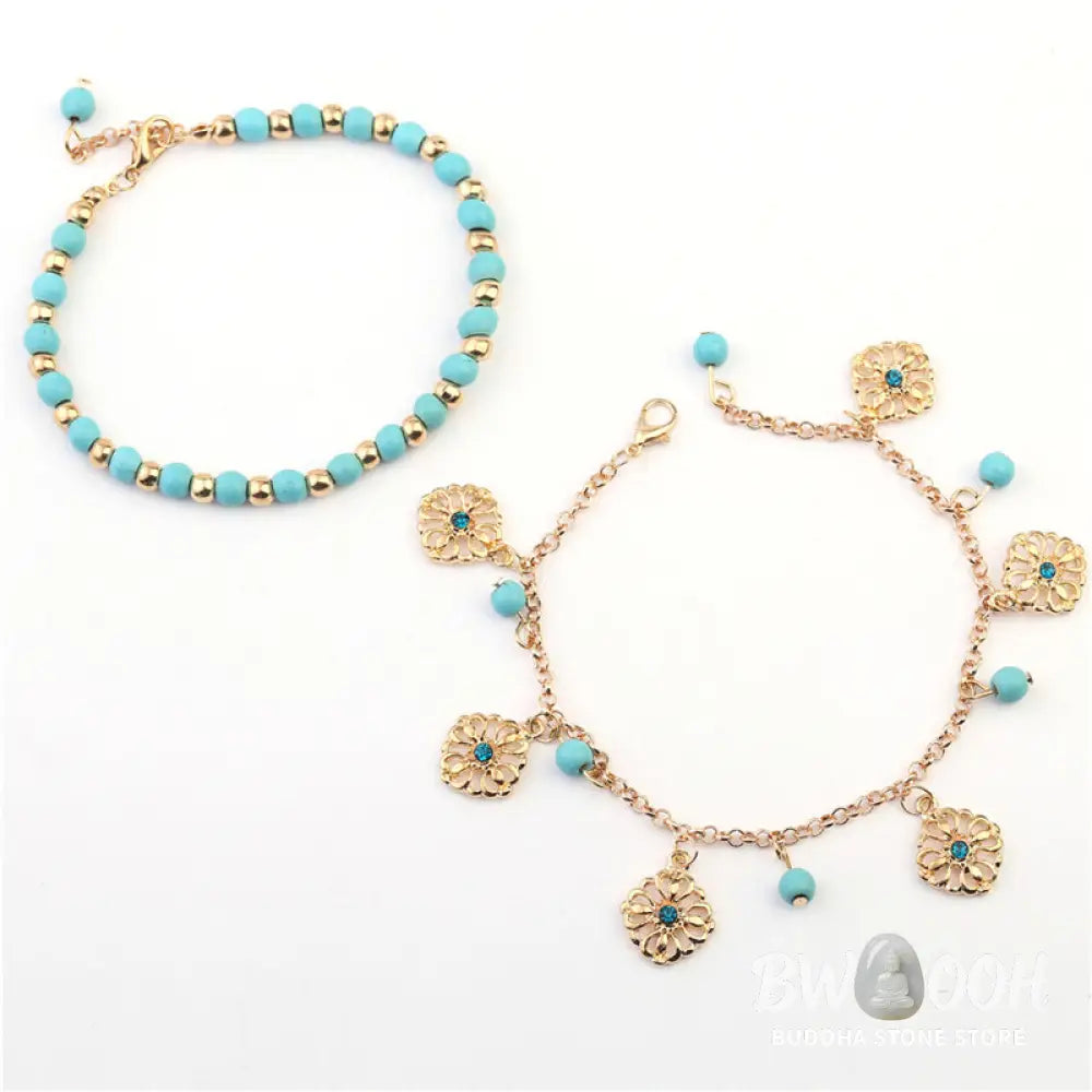 Close-up of Turquoise Stone Flower Protection Bracelet Anklet showing natural blue stones and floral charms - View 7