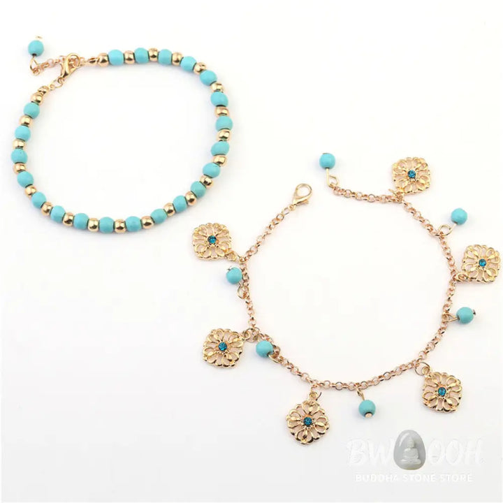 Close-up of Turquoise Stone Flower Protection Bracelet Anklet showing natural blue stones and floral charms - View 7