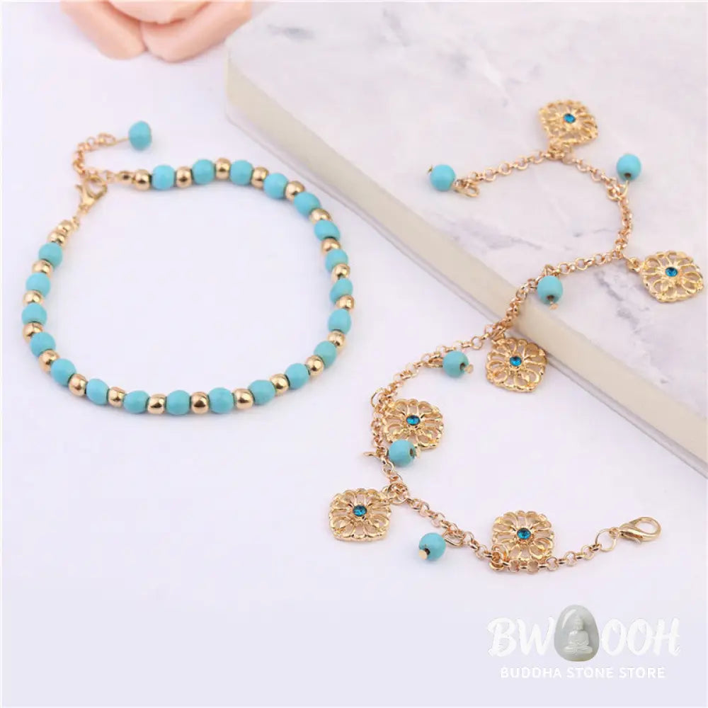 Close-up of Turquoise Stone Flower Protection Bracelet Anklet showing natural blue stones and floral charms - View 2