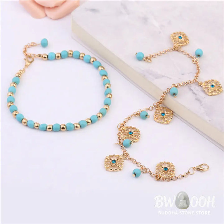 Close-up of Turquoise Stone Flower Protection Bracelet Anklet showing natural blue stones and floral charms - View 2